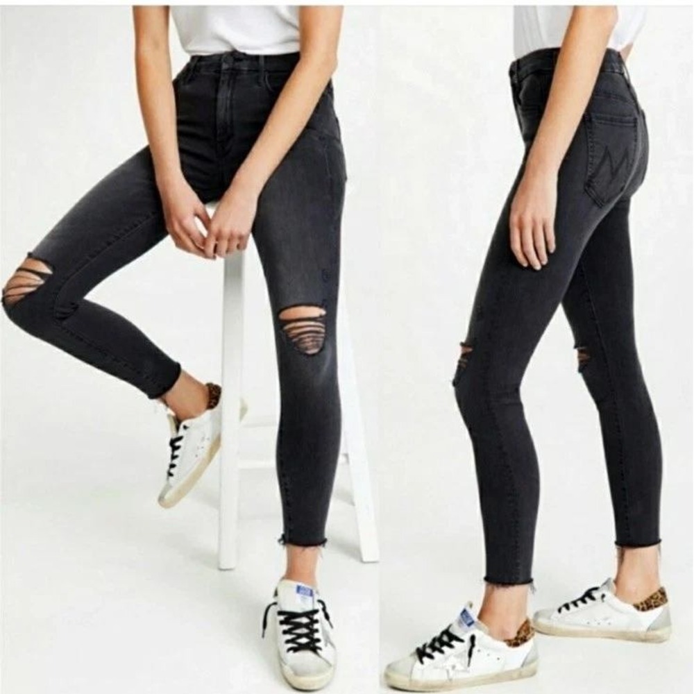 Mother‎ Looker Ankle Fray Jeans Black Distressed Skinny Size 29 in Guilty As Sin
